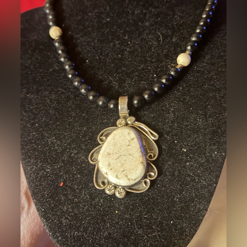 Native American .925 Black Onyx,White Buffalo Necklace & White Buffalo Pendant